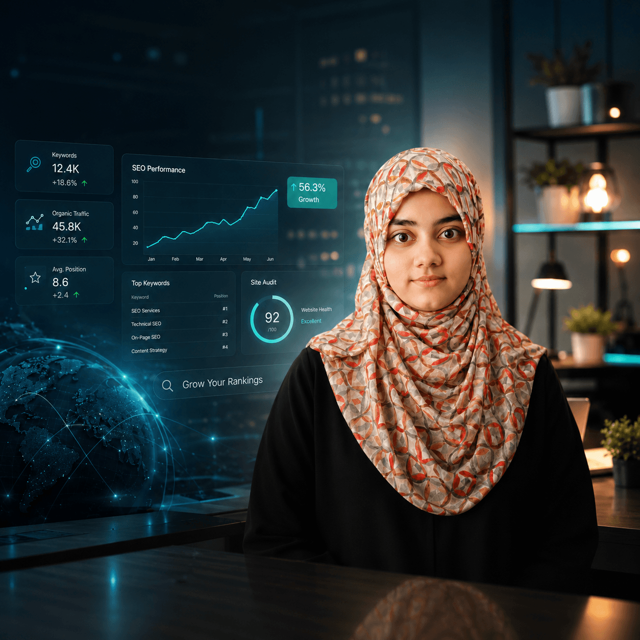 Noor Imran, SEO specialist, beside a holographic SEO dashboard showing keyword growth, organic traffic, top keywords, and a 92/100 site-health score